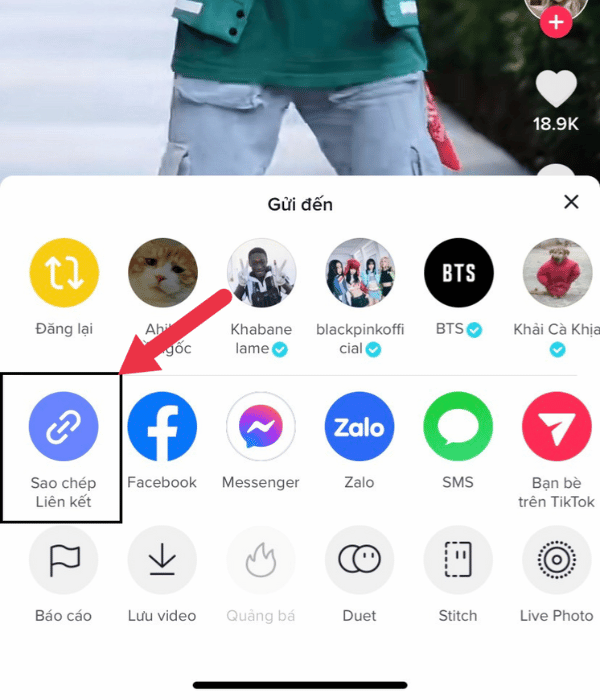 Lựa chọn Sao chép liên kết để lấy link Video trên Tiktok