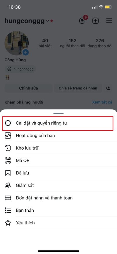 Bước 2: Lựa chọn mục "Cài đặt và quyền riêng tư" để lựa chọn các Options tiếp theo