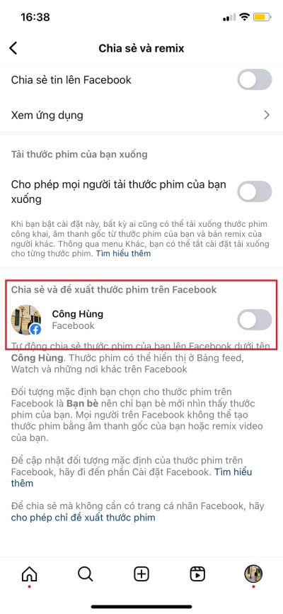 Bước 4: Bên cạnh mục "Chia sẻ và đề xuất thước phim trên Facebook", chạm vào công tắc để bật khi Sếp muốn thước phim được đề xuất trên Facebook