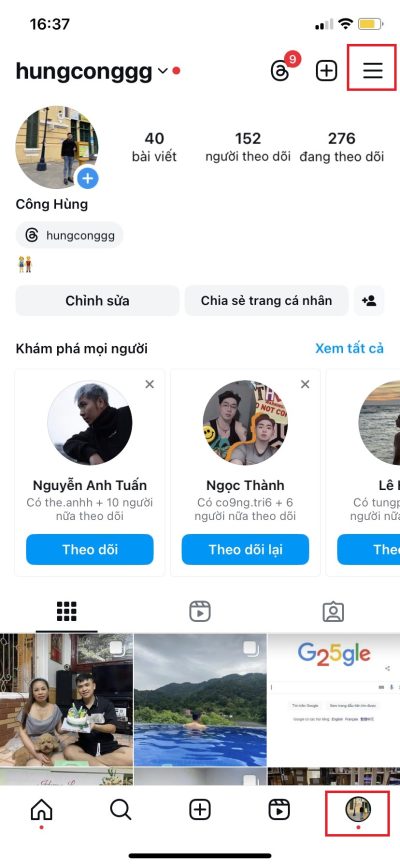 Bước 1: Chạm vào biểu tượng hồ sơ hoặc ảnh đại diện ở góc dưới bên phải để vào hồ sơ của Sếp và chạm vào biểu tượng tùy chọn nhiều hơn ở góc trên bên phải.