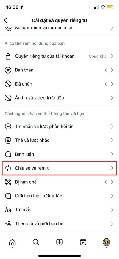 Bước 3: Trong mục "Cách người khác có thể tương tác với bạn", chạm vào "Chia sẻ và remix".