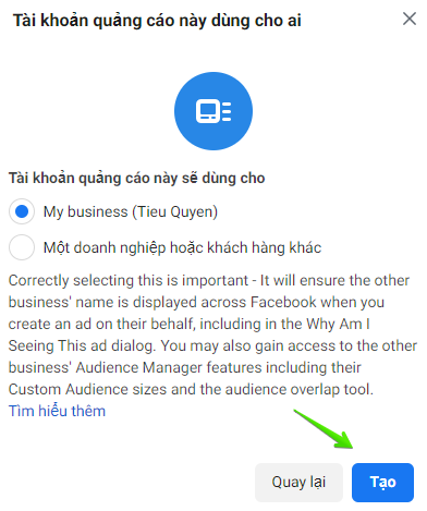 Sếp chọn My Business rồi nhấn Tạo