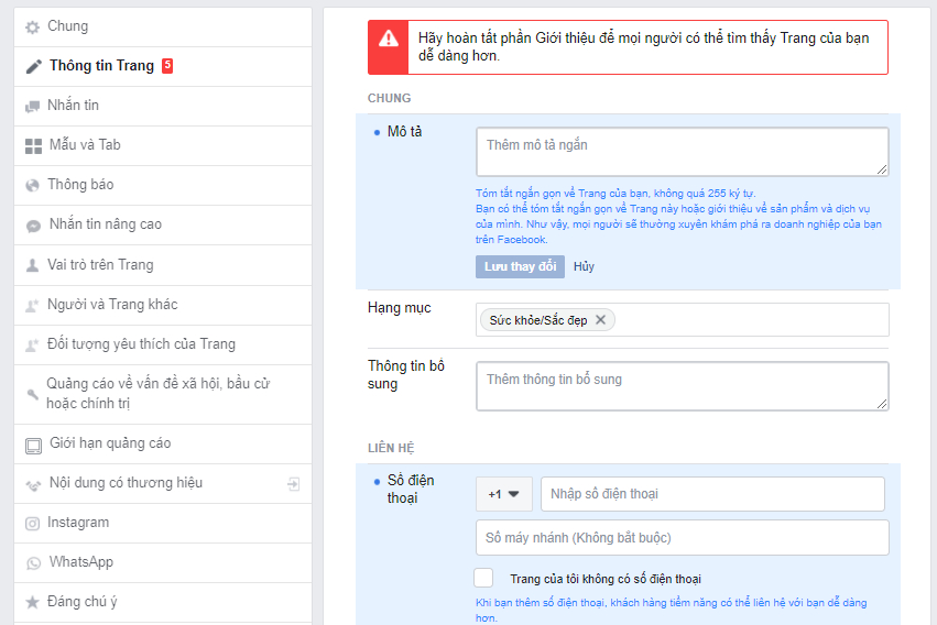 Sếp hãy thêm đầy đủ thông tin trên Fanpage để tối ưu tìm kiếm và để khách hàng tin tưởng hơn