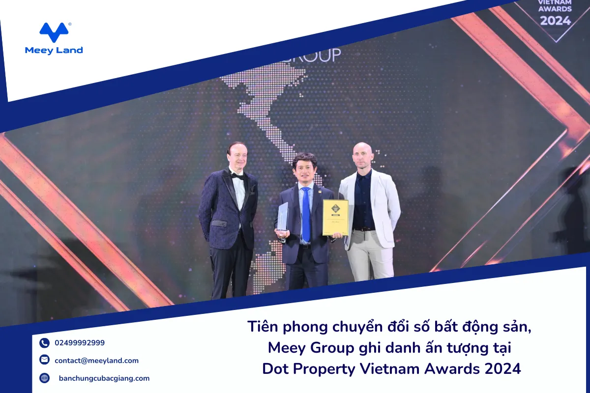 Ông Hoàng Mai Chung - Chủ tịch HĐQT Meey Group lên nhận giải thưởng Đổi mới sáng tạo và Ứng dụng công nghệ trong lĩnh vực bất động sản tốt nhất tại Dot Property Awards 2024