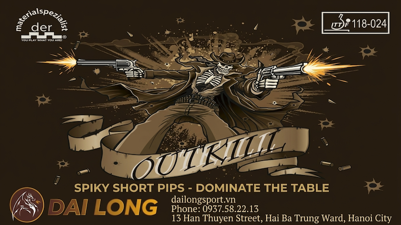 Mặt vợt bóng bàn Outkill (gai ngắn / short pips) của thương hiệu Der Materialspezialist (Đức)