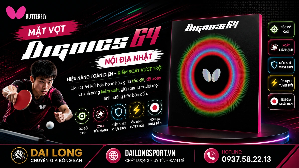 Đánh Giá Chi Tiết Mặt Vợt Bóng Bàn Butterfly Dignics 64 Nội Địa Nhật: Thống Trị Tốc Độ Kỷ Nguyên Bóng Nhựa ABS
