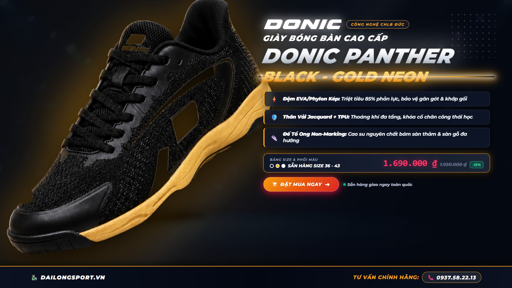 Giày bóng bàn DONIC Panther chính hãng bản năng báo đen