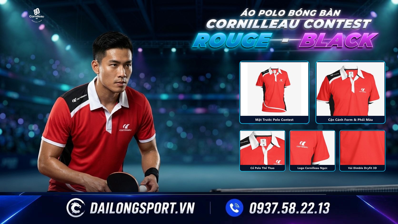 Áo bóng bàn Cornilleau Polo Contest đỏ chính hãng Đại Long Sport