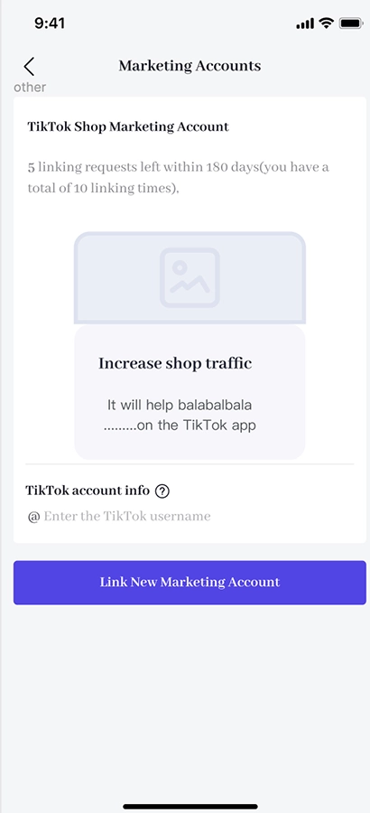 Bước 2: Điền tên người dùng của tài khoản TikTok bạn muốn liên kết và nhấp vào phần “Liên kết tài khoản tiếp thị mới”