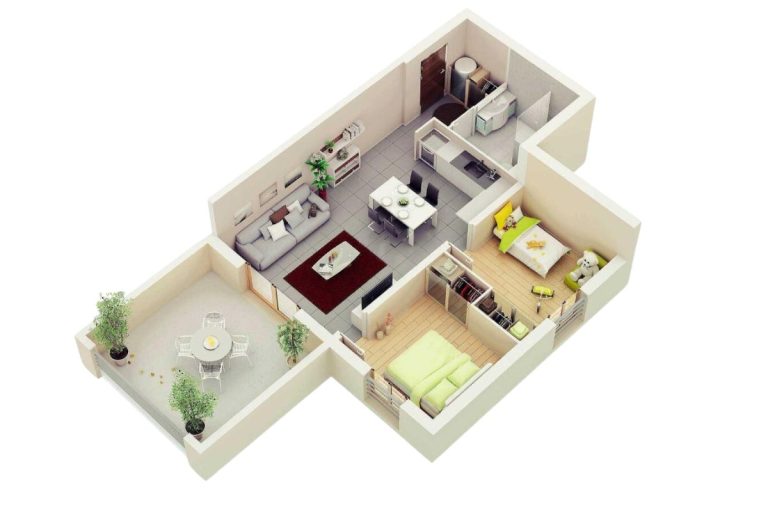 Bố trí nhà 50m2 2 phòng ngủ tiện nghi và hợp lý
