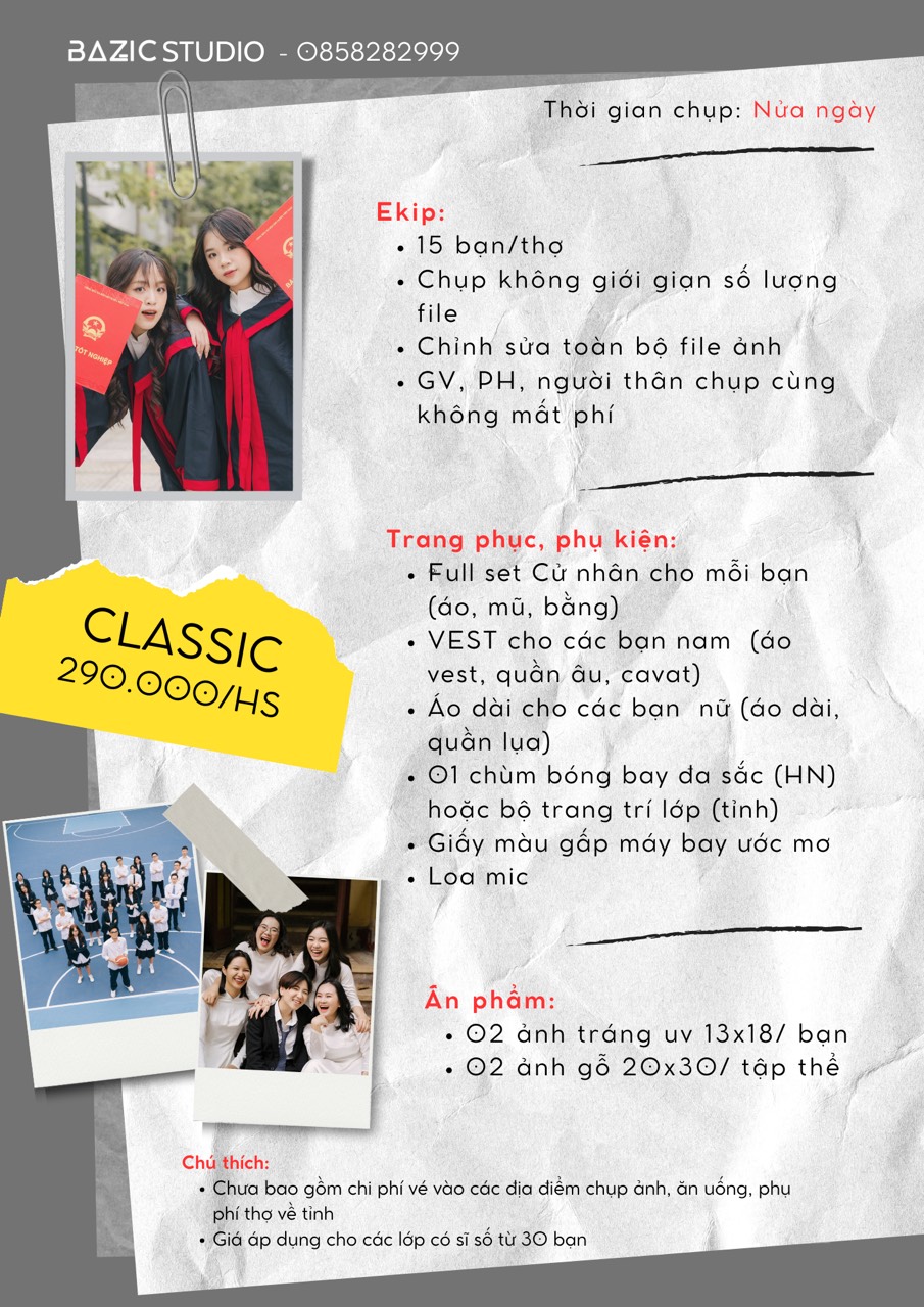 Báo giá chụp ảnh Basiz Studio - Gói Classic