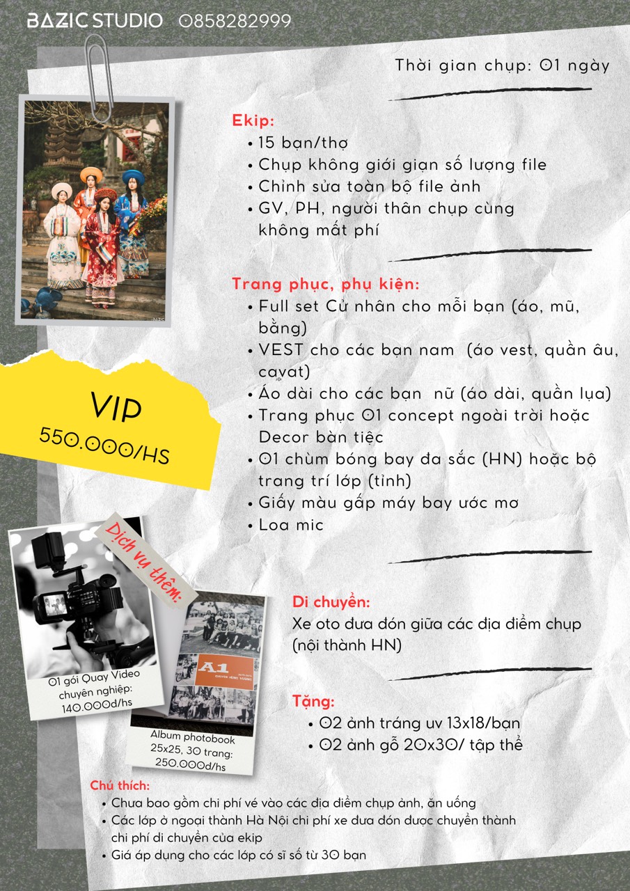 Báo giá chụp ảnh Basiz Studio - Gói VIP