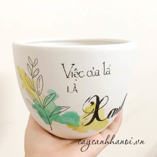 Chậu cây cảnh với slogan việc của lá là xanh