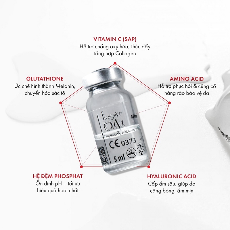 Fragmyx Oxyx sở hữu nhiều thành phần như vitamin C, Glutathione, các amino acid,...giúp mang lại nhiều công dụng cho da