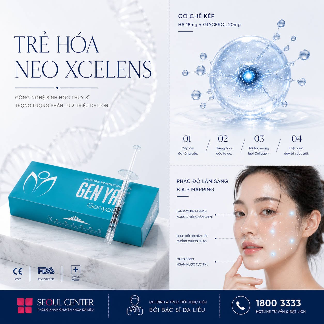 Tiêm trẻ hóa Neo Xcelens là phương pháp ứng dụng kỹ thuật tiêm B.A.P đưa tinh chất sinh học cao cấp Genyal Lift vào da