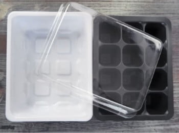 A small twelve-cell plug tray, with insert, watertight tray, and humidity dome. 