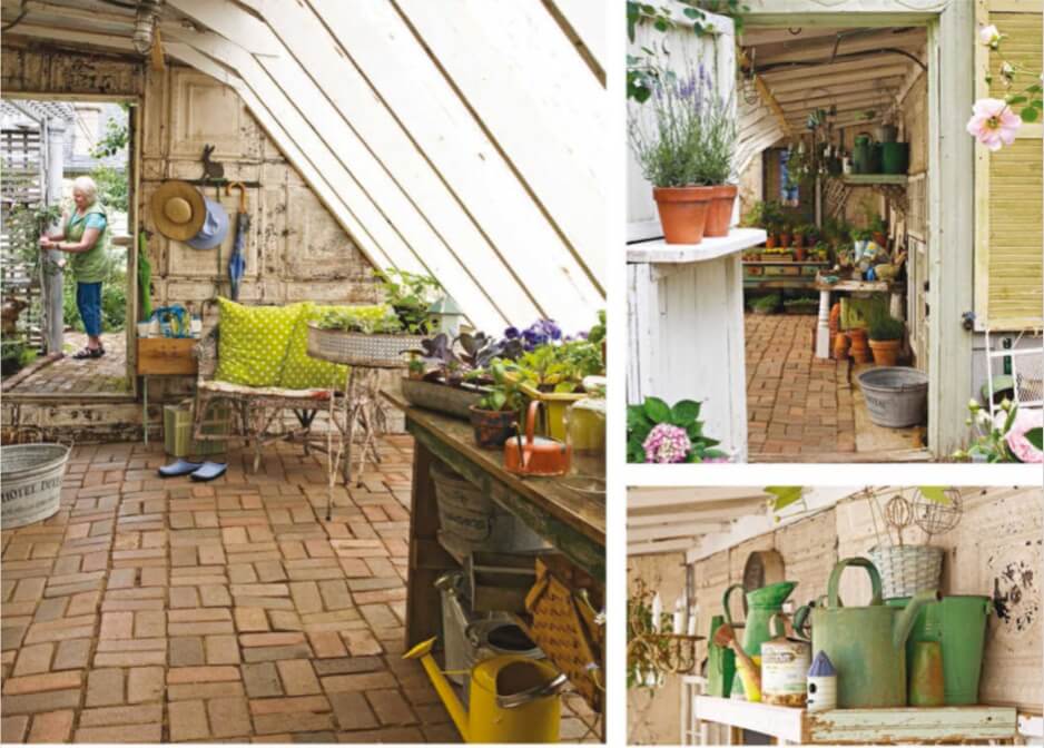 Below left: Cathy moves most of her gardening activities outdoors in summer, but she continues to start seeds in the greenhouse and nurture young plants there as needed. Below, top right: A split Dutch door allows Cathy to fine-tune airflow through the greenhouse. Below, bottom right: The green finishes on a vintage watering can, bucket, and pitcher represent a bit of the French flair that Cathy favors.