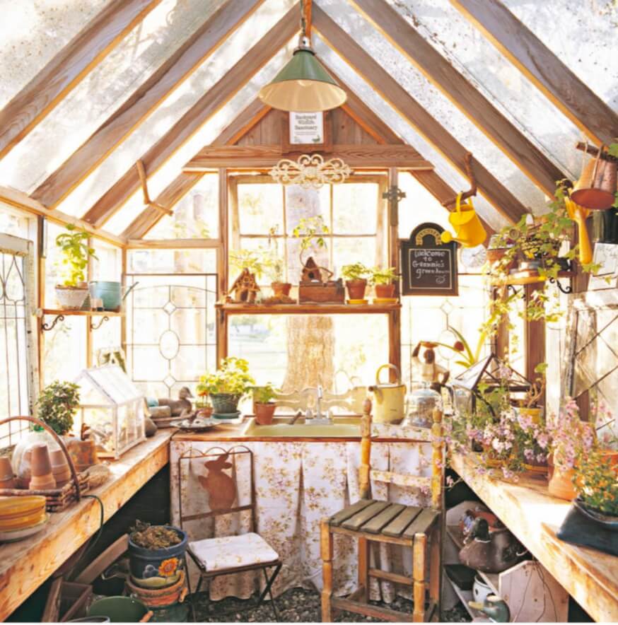 Opposite: The ideal greenhouse covering lets in the maximum amount of light while allowing the least amount of heat to escape. Also consider the material’s longevity and upkeep. Above: A greenhouse that serves as a peaceful refuge includes seating and homey accents as well as work spaces and a sink.