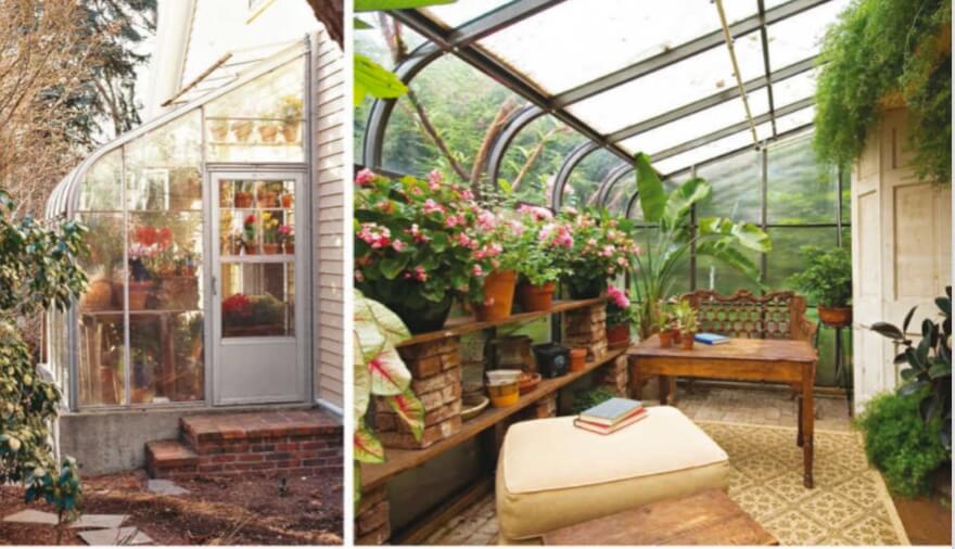  Below left: A greenhouse attached to your house is convenient and eliminates having to build one wall. It also passively collects solar heat for your home. Below right: Comfortable and practical furnishings that withstand extremes of humidity and heat give a greenhouse multiple uses. A mesh or bamboo shade will help deflect the sun’s hot summer rays.