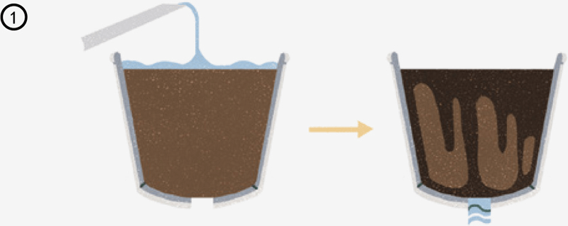 1 - A small amount of water is poured on one spot on the surface of the soil. The water penetrates farthest where the soil is least compacted. Even if it’s enough water to find its way to the drainage hole, there may still be some dry pockets of soil. The moisture is unevenly distributed.