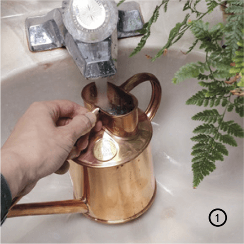 1. A smaller watering can will fit under the tap of a conventional bathroom sink.