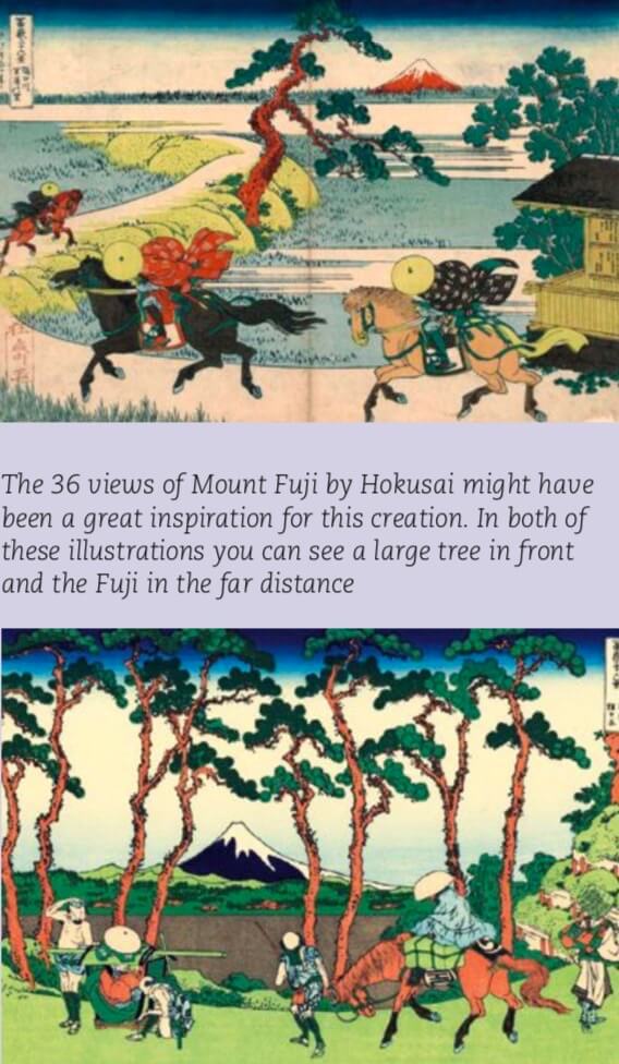 The 36 views of Mount Fuji by Hokusai might have been a great inspiration for this creation. In both of these illustrations you can see a large tree in front and the Fuji in the far distance