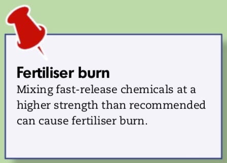 Fertiliser burn Mixing fast-release chemicals at a higher strength than recommended can cause fertiliser burn.