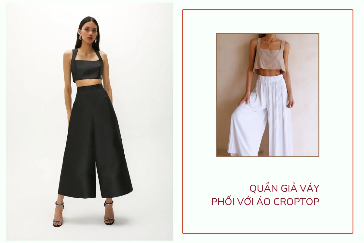Quần giả váy phối với áo croptop