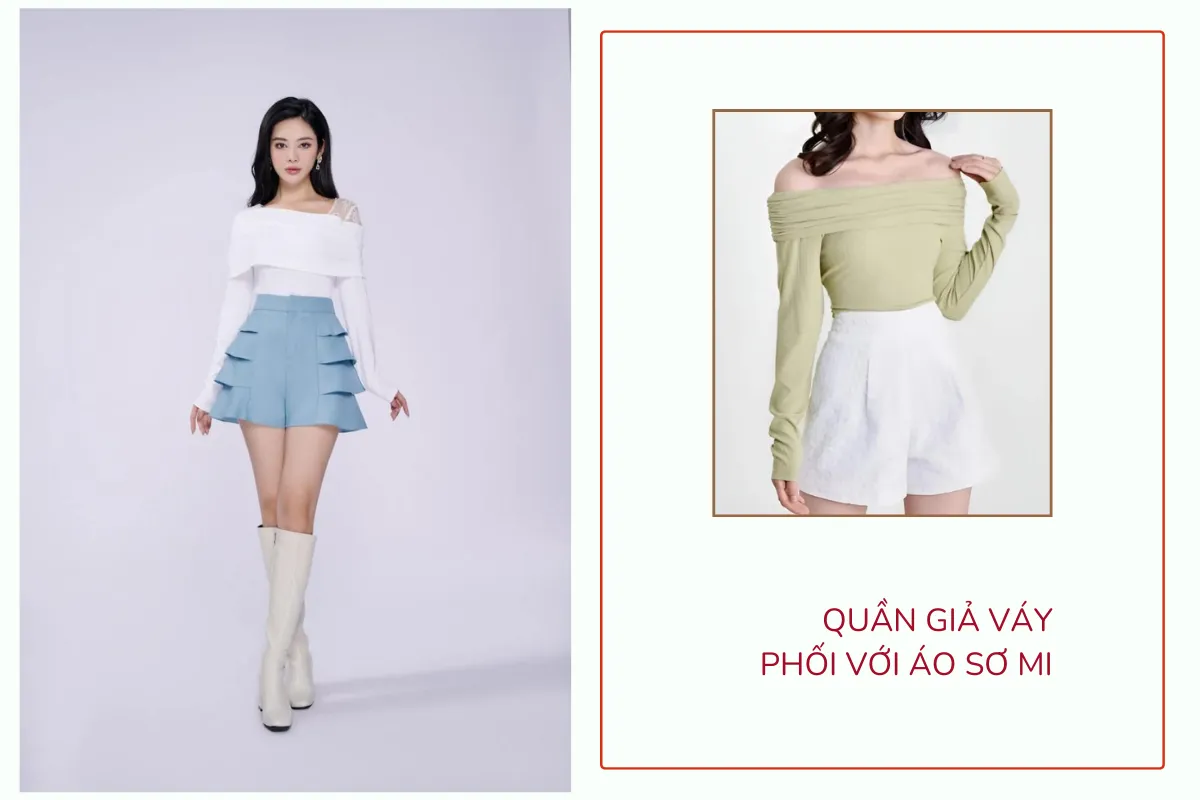 Quần giả váy phối với áo trễ vai