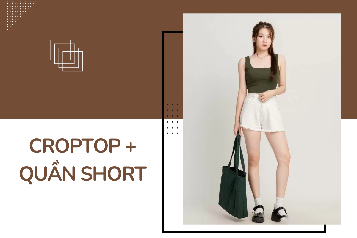 kết hợp áo croptop cổ vuông với quần short mang lại sự thoải mái và năng động