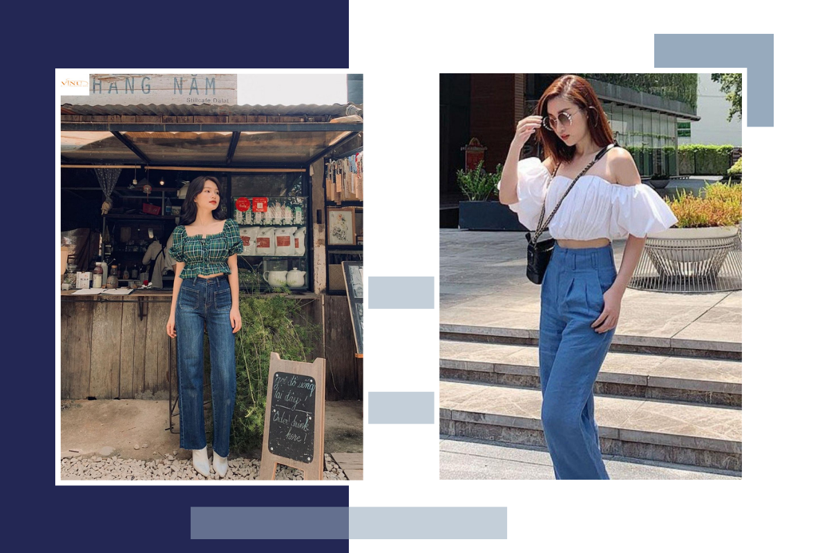 Phối quần jean ống rộng với áo croptop tay phồng