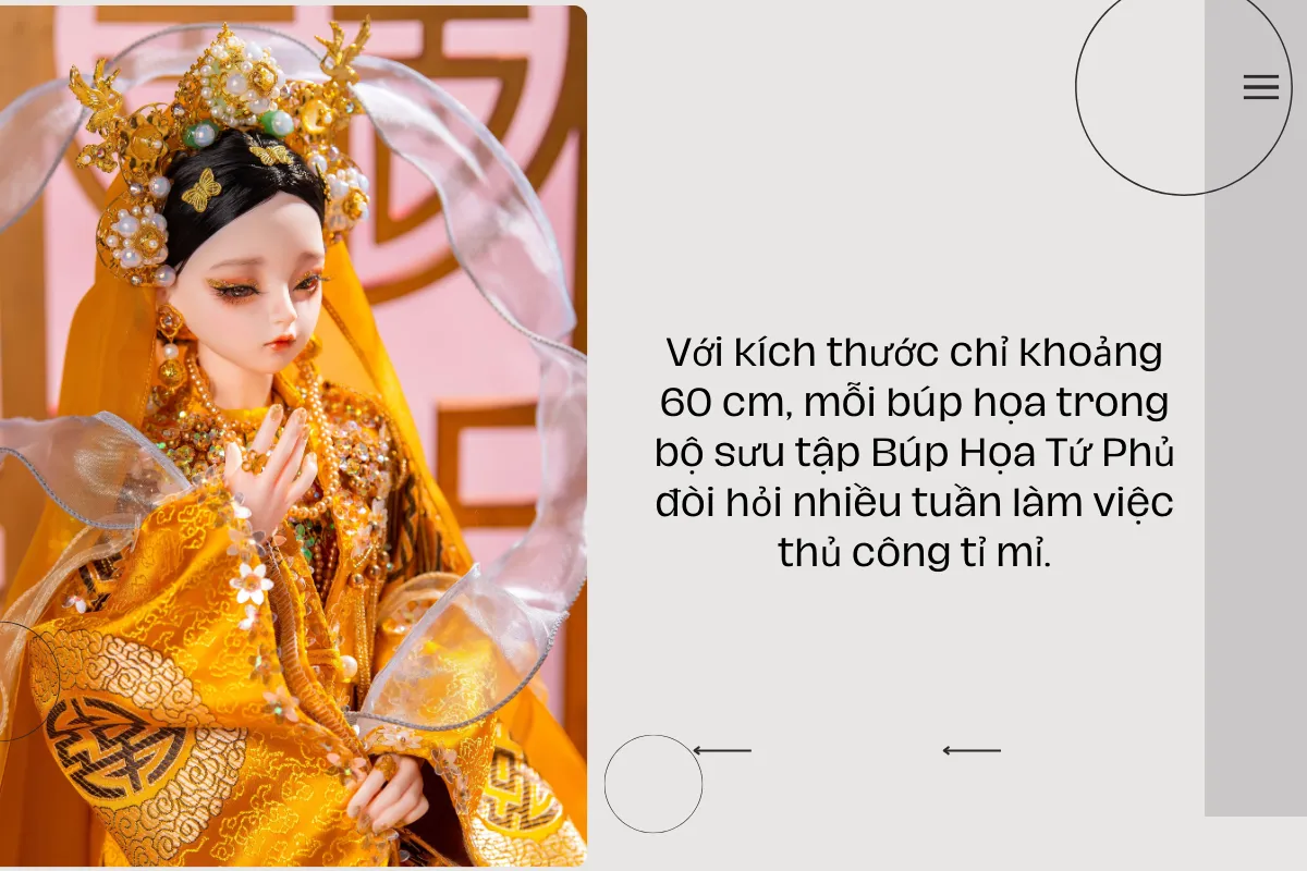 Với kích thước chỉ khoảng 60 cm, mỗi búp họa trong bộ sưu tập Búp Họa Tứ Phủ đòi hỏi nhiều tuần làm việc thủ công tỉ mỉ.