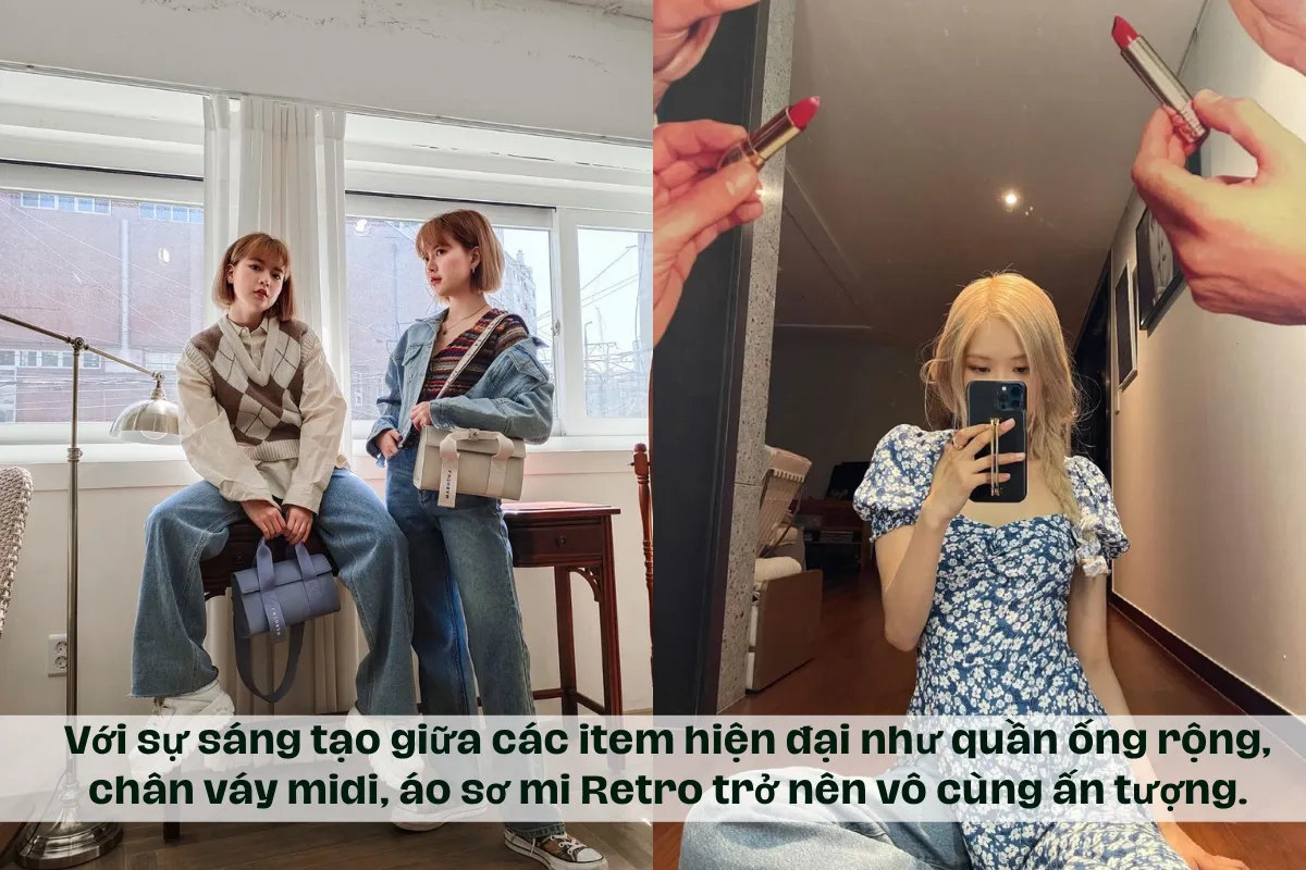 Với sự sáng tạo giữa các item hiện đại như quần ống rộng, chân váy midi, áo sơ mi Retro trở nên vô cùng ấn tượng.