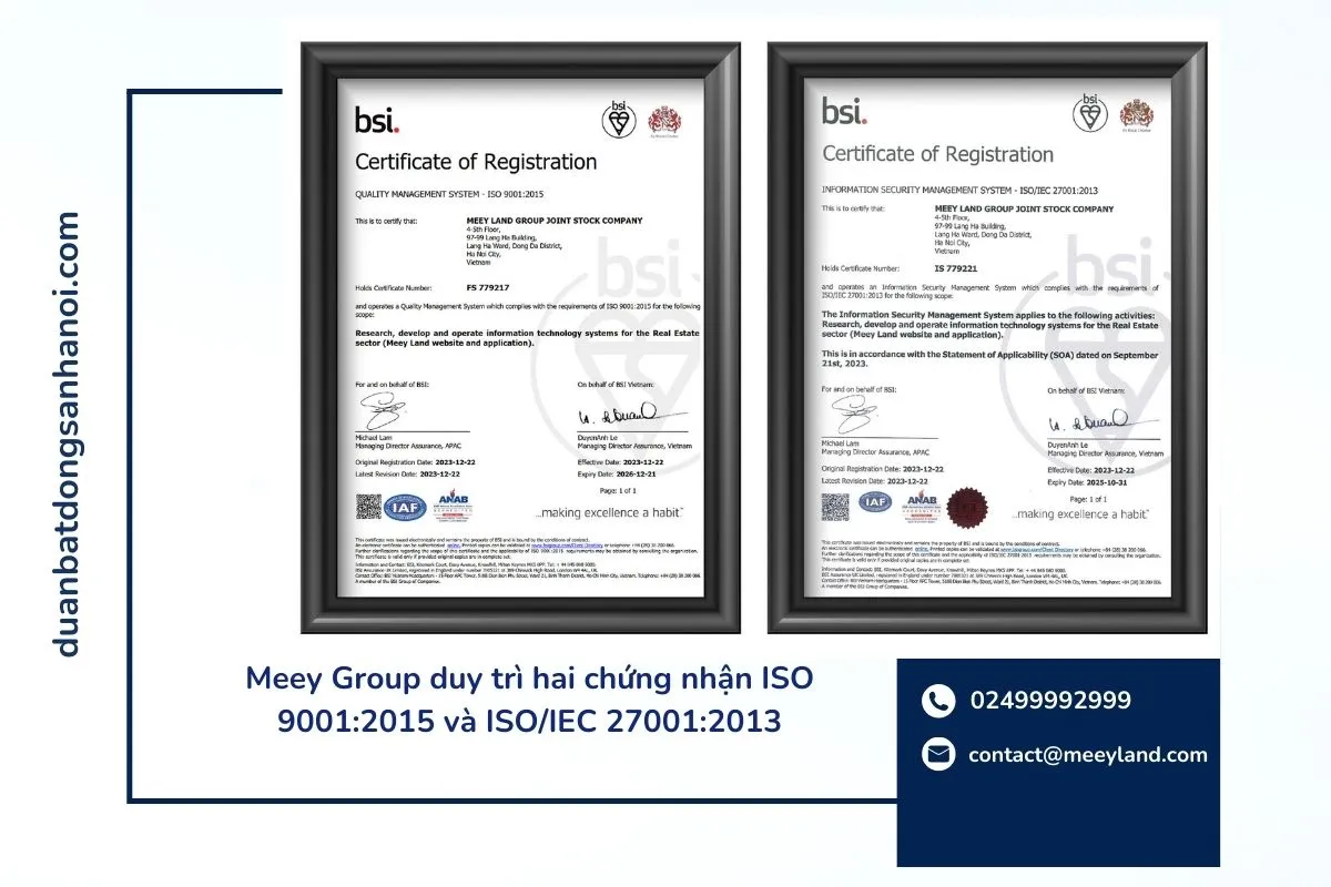 Meey Group duy trì hai chứng nhận ISO 9001:2015 và ISO/IEC 27001:2013