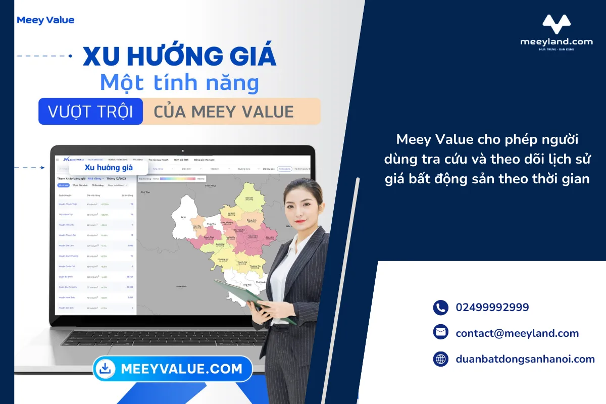 Meey Value cho phép người dùng tra cứu và theo dõi lịch sử giá bất động sản theo thời gian