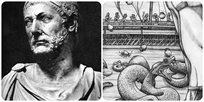 Khôn ngoan ném bình đất sét chứa rắn độc vào thuyền kẻ thù, Tướng Hannibal thắng trận.