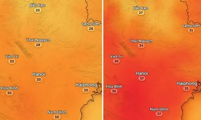 Nhiệt độ không khí (trái) và nhiệt độ cảm nhận thực tế ngoài trời (phải)