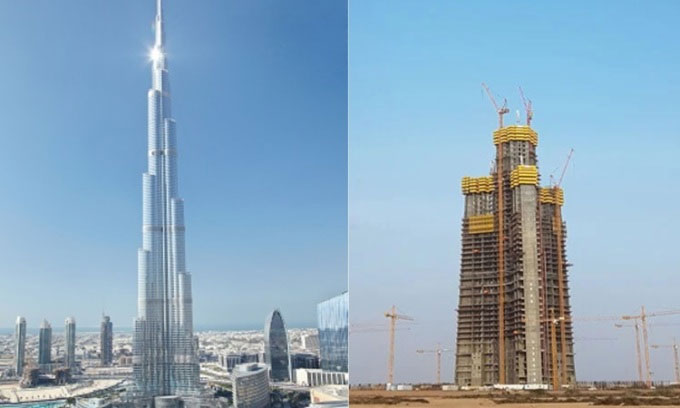 Tháp Jeddah theo thiết kế (trái) và bộ khung đã hoàn thành 1/3 của công trình (phải).