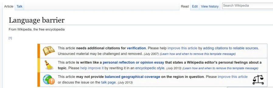 Anh chị em xem ảnh 15 nhé. Nội dung trang wiki page liên quan đến language barriers (Rào cản ngôn ngữ)