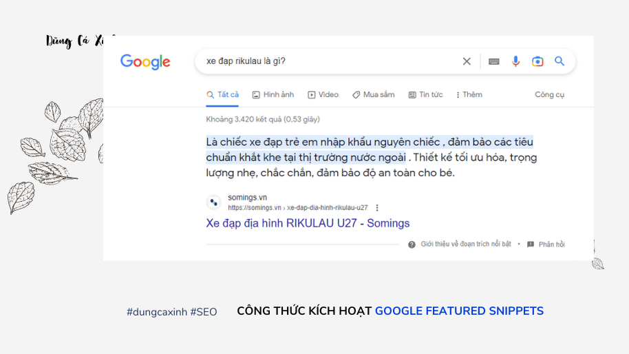 Khi bạn search "xe đạp rikulau là gì?" thì kết quả hiện ra sẽ là Google Featured Snippets (GFS) của trang web Somings.vn
