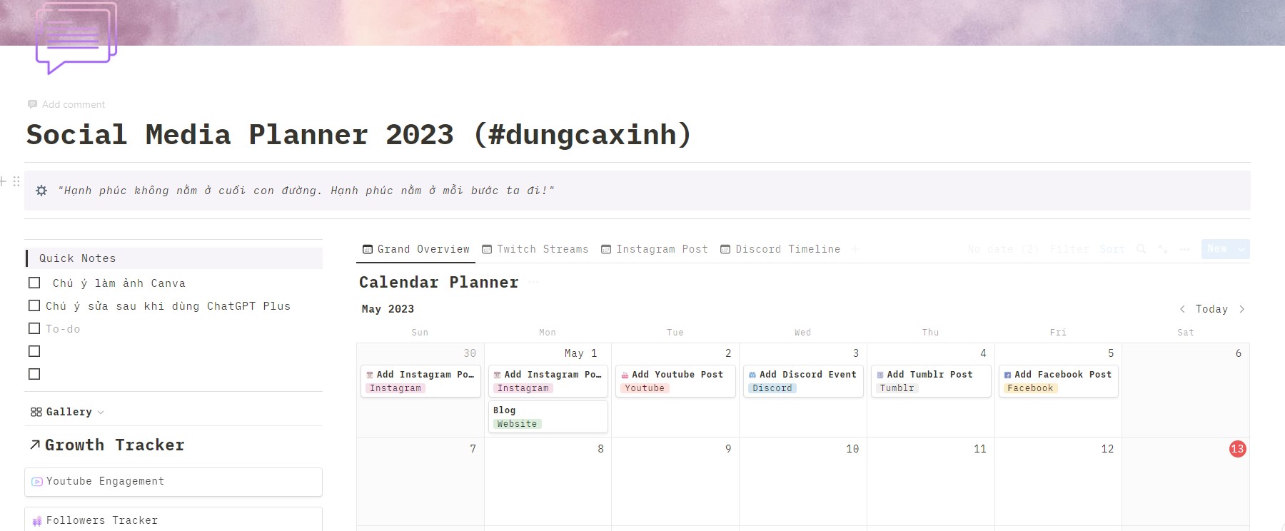 Template Notion Social Media Planner 2023 (#dungcaxinh): Tổng quan mẫu