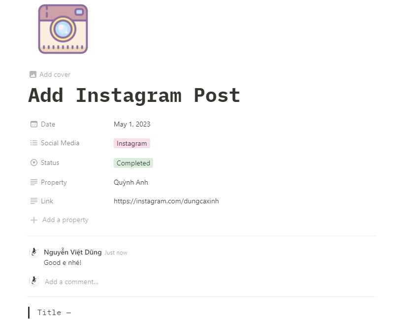 Template Notion Social Media Planner 2023 (#dungcaxinh): Phần báo cáo liên quan đến Instagram
