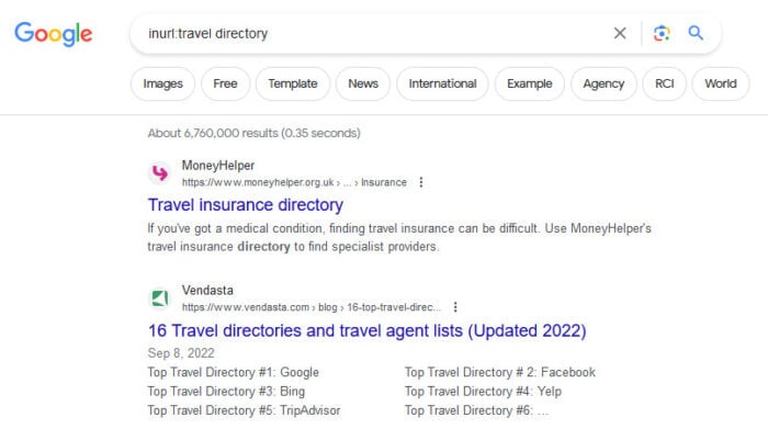 Ví dụ tìm trang Directory về du lịch