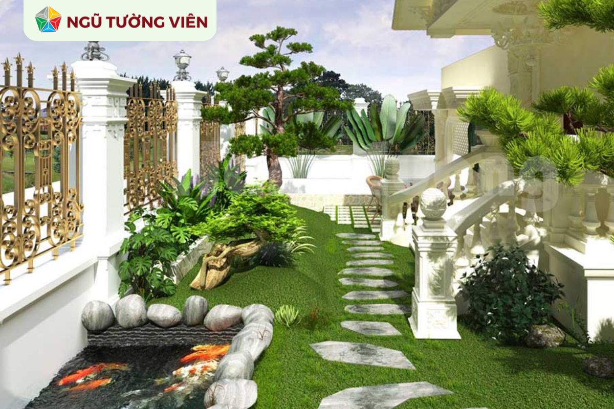 Cảnh quan sân vườn đẹp với thiết kế hồ cá koi độc đáo