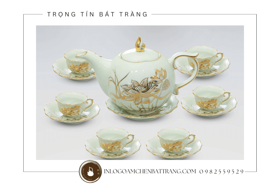 Bộ ấm trà hoa sen gốm sứ Bát Tràng