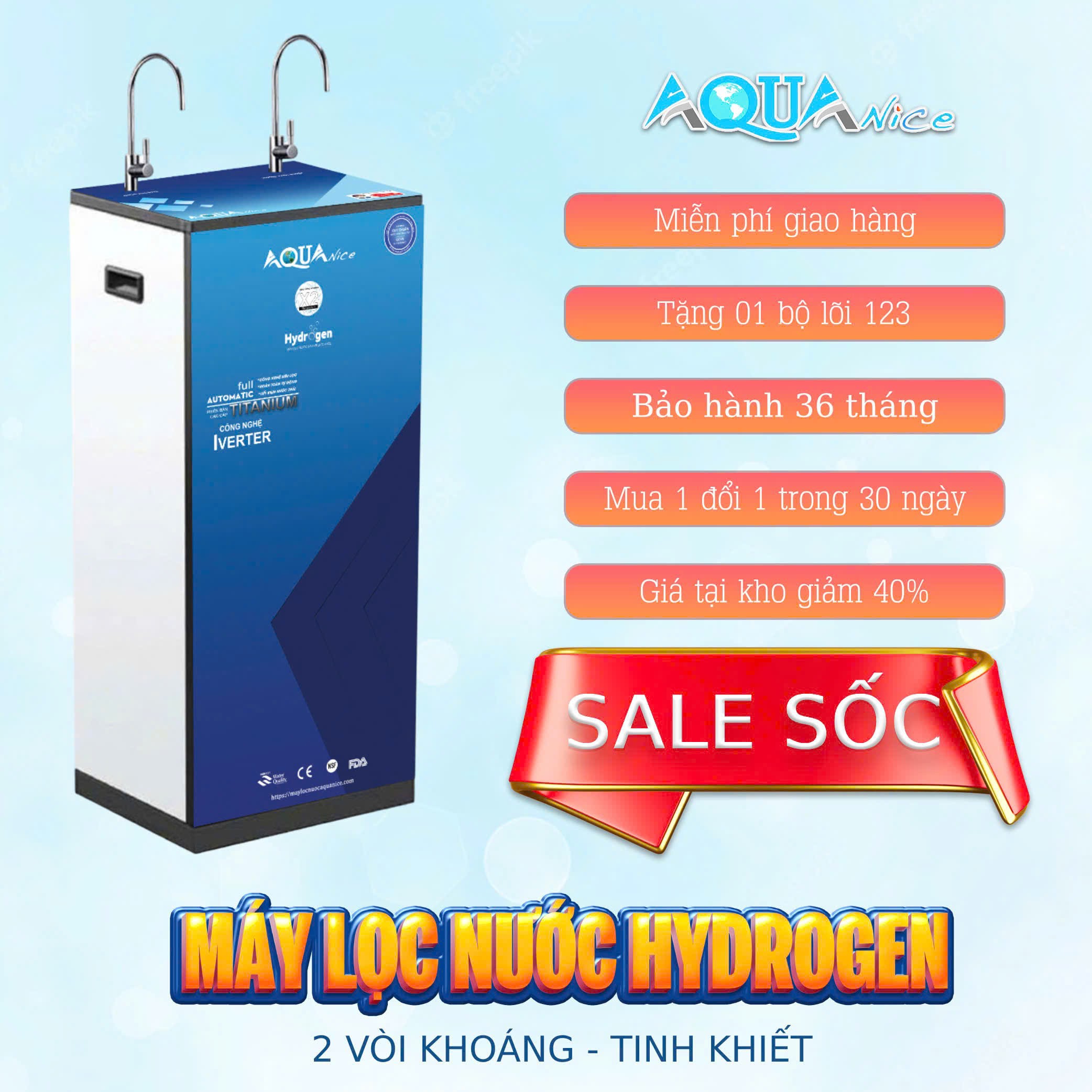 Máy lọc nước AquaNice AQ02v1 2 Vòi, Khoáng - Tinh Khiết