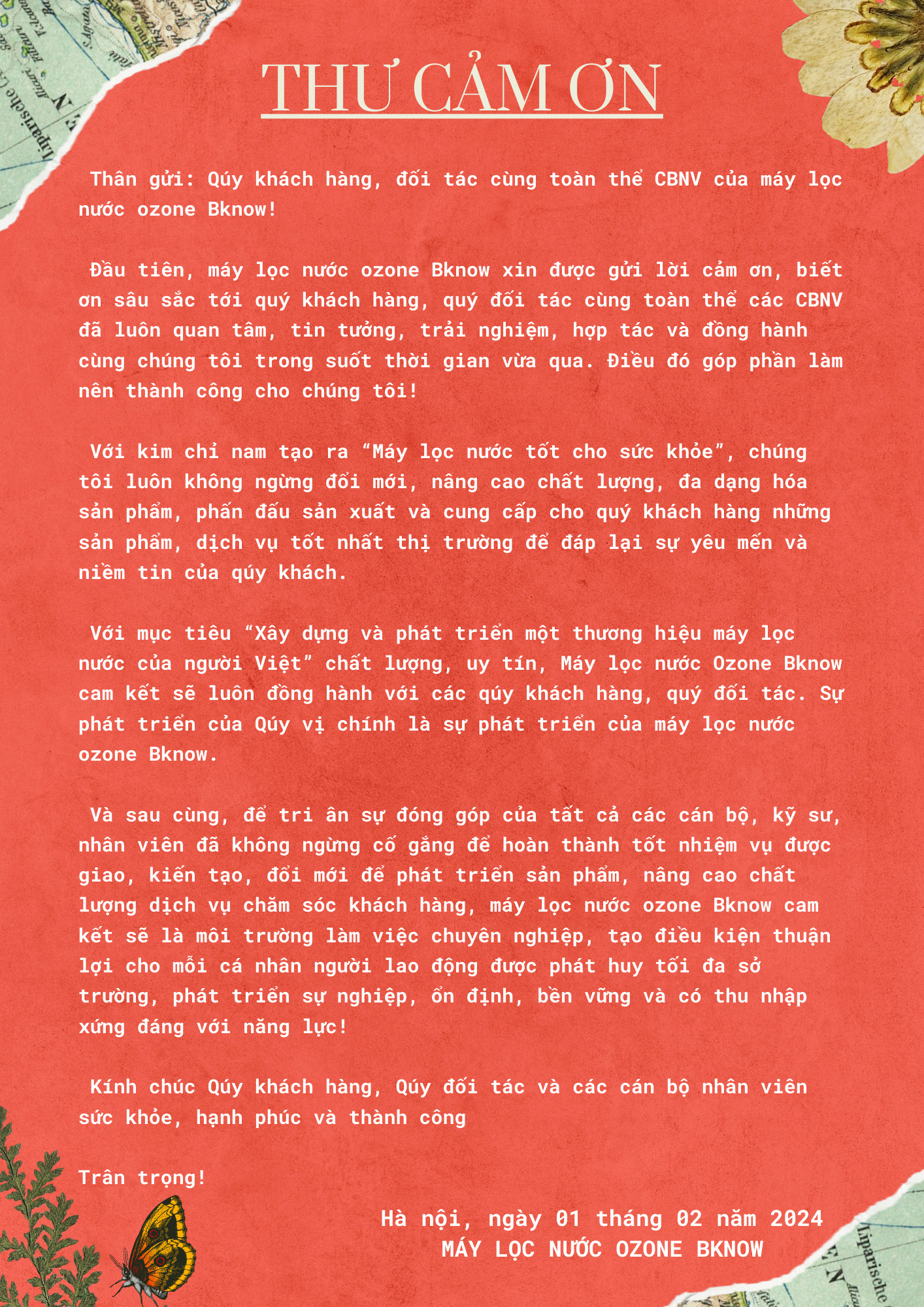 THƯ CẢM ƠN