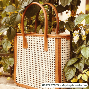Mây Tre Đan Phú Vinh - Mẫu 62 - Túi mây quai da mẫu 2 - Kích thước 10x30xh27/42cm