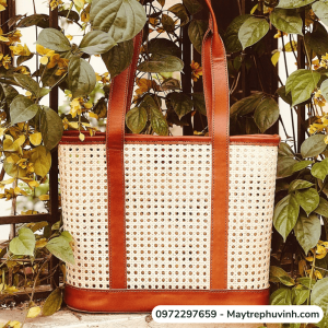 Mây Tre Đan Phú Vinh - Mẫu 63 - Túi mây quai da mẫu 3 - Kích thước 10x34xh27/54cm