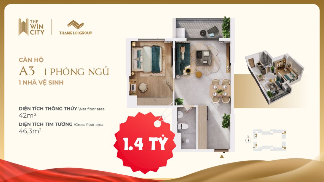 Chi tiết căn 1PN (46m2) The Win City – Chỉ 1.4 tỷ sở hữu căn hộ full nội thất